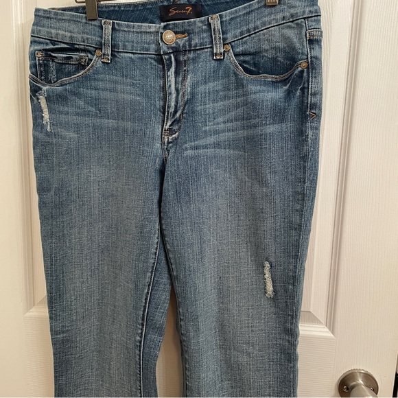 Seven7 Denim Medium Wash Mid Rise Distressed Boot Cut Blue Jeans Size 8 - Picture 6 of 6